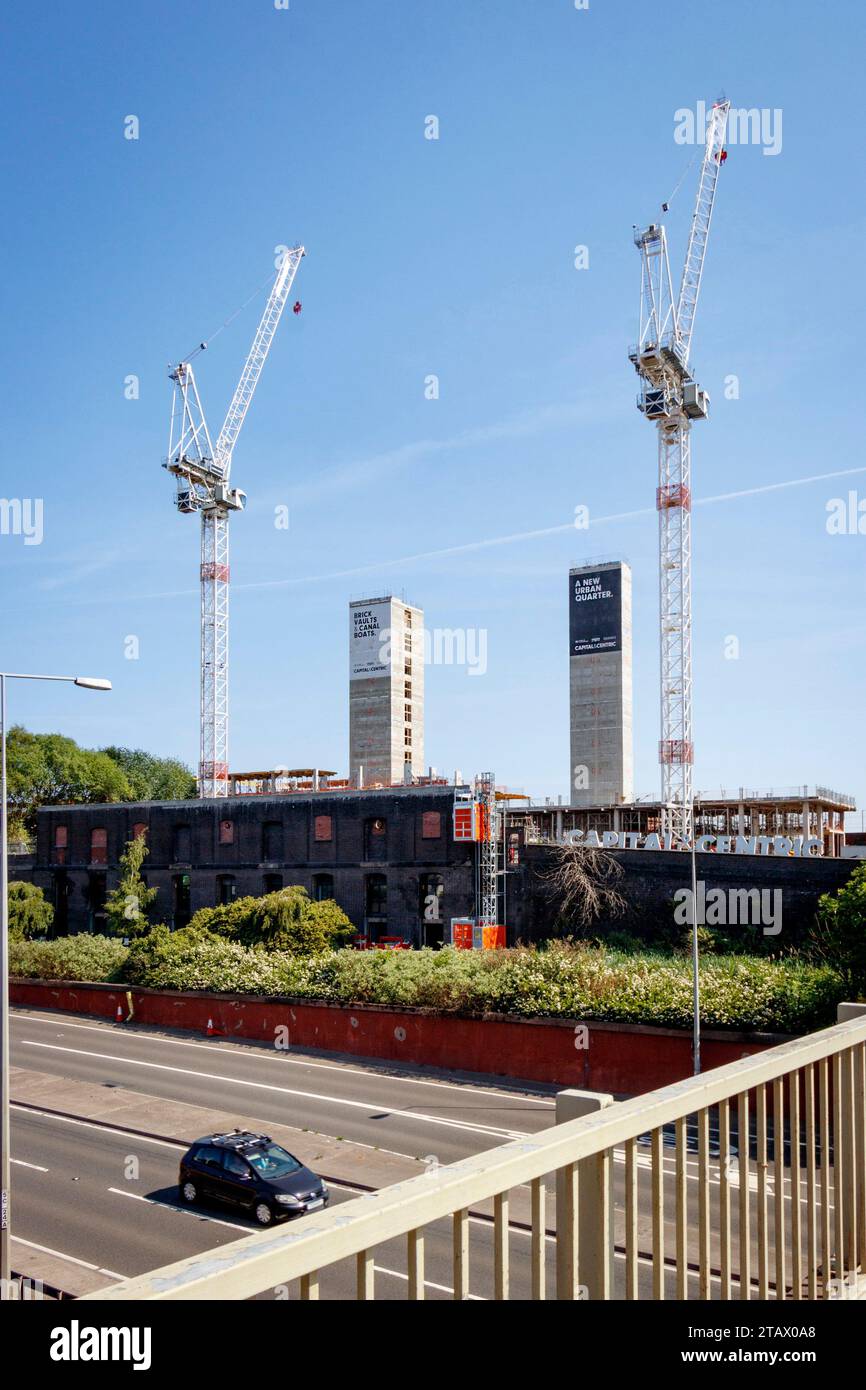 two construction cranes new urban quarter the goods yard developers