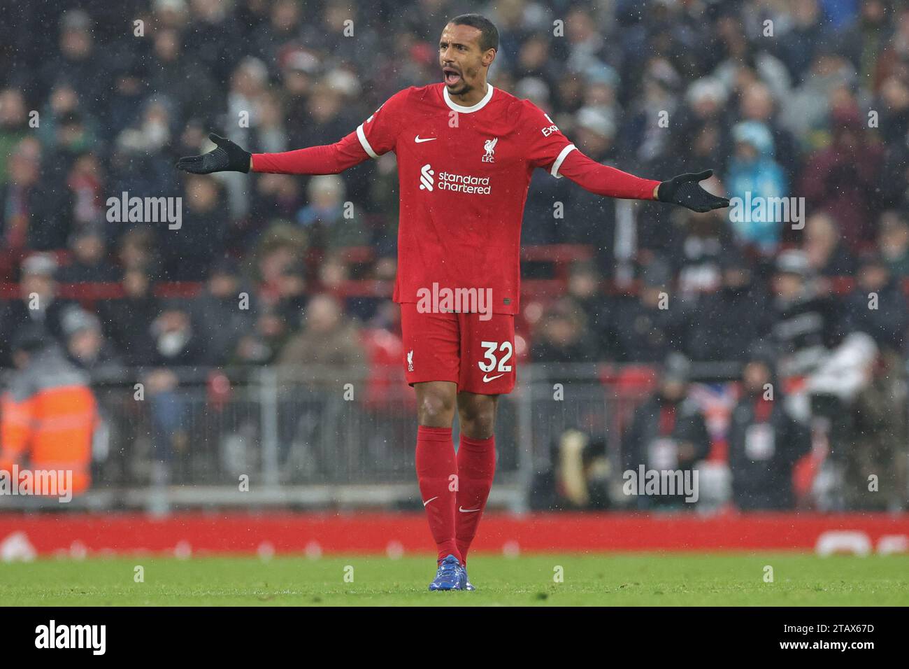 Joel Matip #32 of Liverpool reacts during the Premier League match Liverpool vs Fulham at Anfield, Liverpool, United Kingdom. 3rd Dec, 2023. (Photo by Mark Cosgrove/News Images) Credit: News Images LTD/Alamy Live News Stock Photo