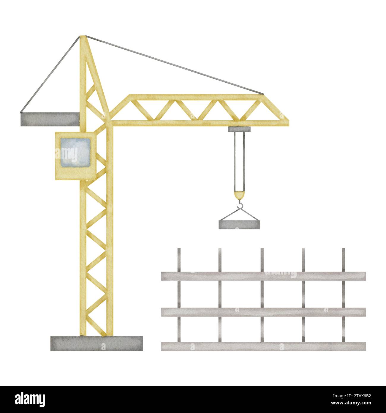 Lifting Crane Watercolor illustration. Hand drawn clip art of hoisting machine on isolated background. Drawing of baby toy for a boys games. Sketch of building construction. Stock Photo