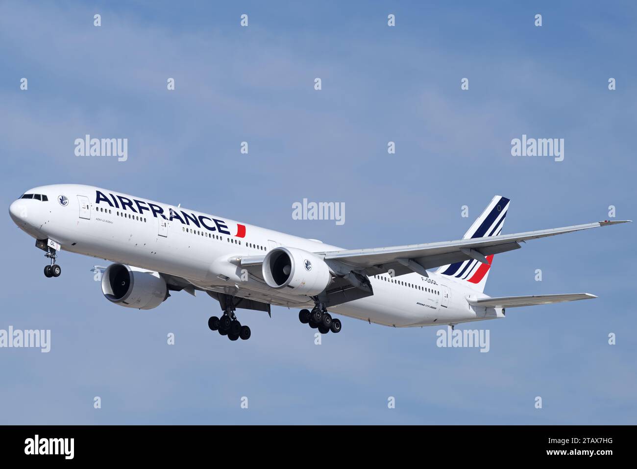 Air France Boeing 777-328(ER) with registration F-GSQL shown approaching LAX, Los Angeles International Airport. Stock Photo