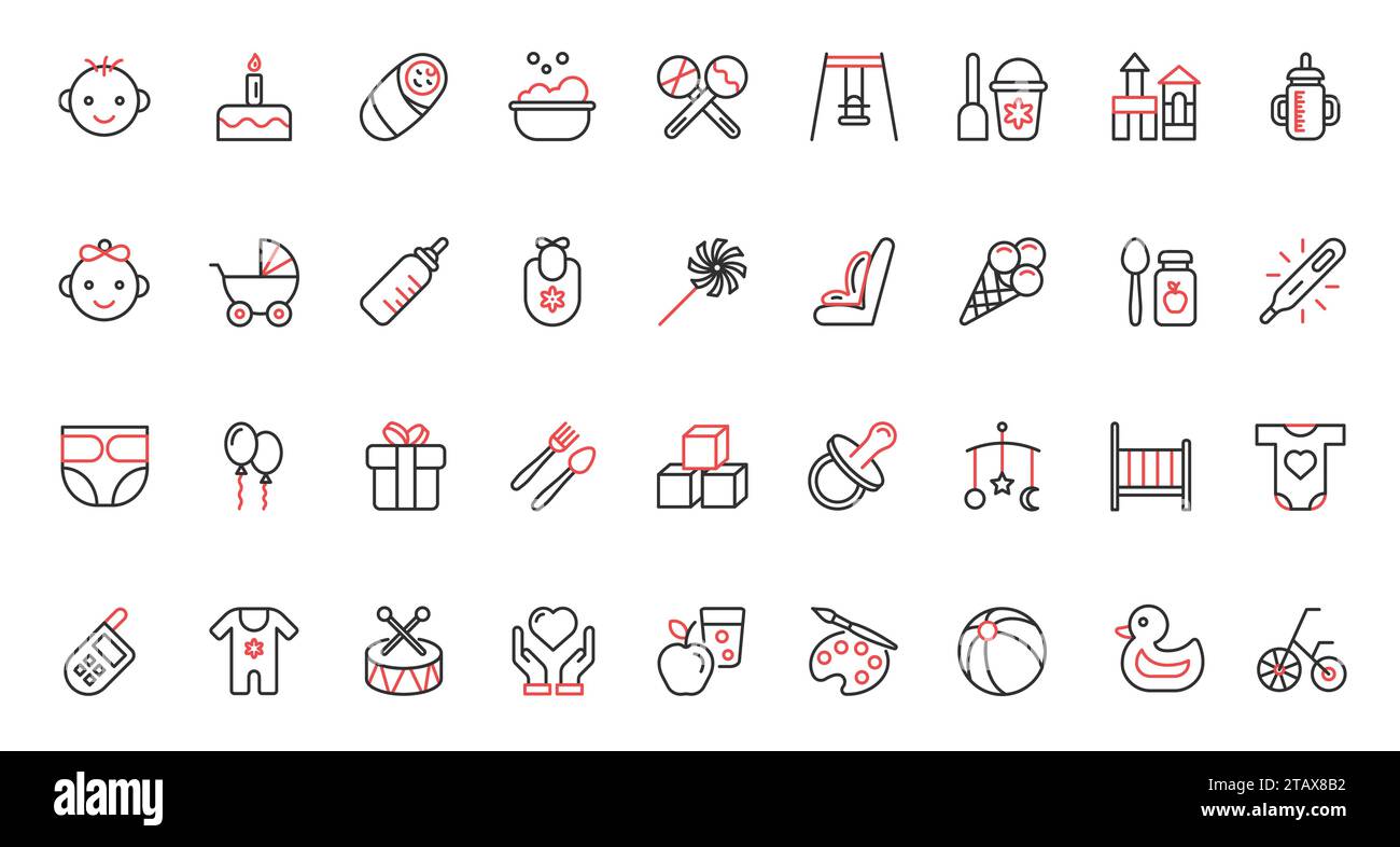 Toys and rattle for game activity of kid, baby care red black thin line icons set. Stock Vector