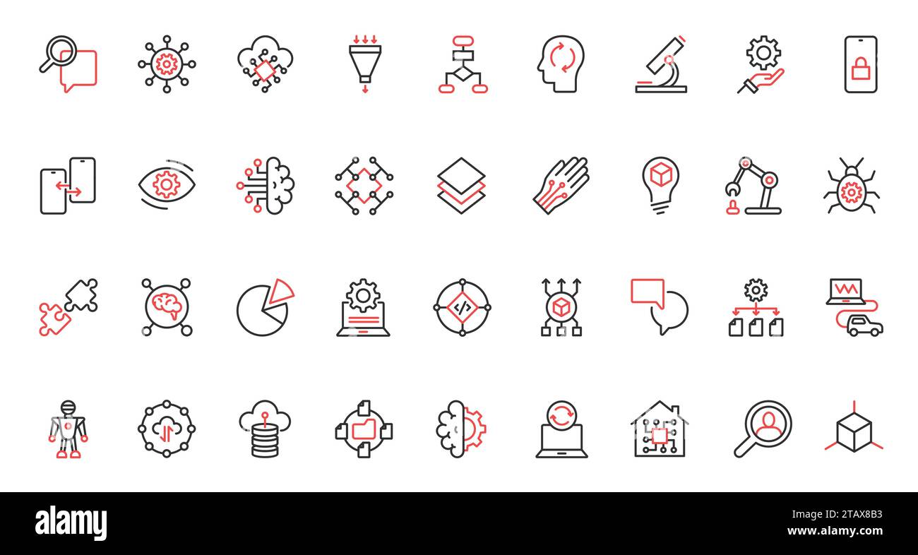 Red black thin line trendy icons set, digital brain and automatic machine learning, science technology. Stock Vector