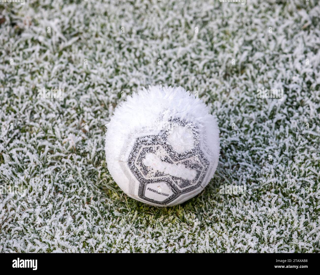 Frozen football on a frozen pitch covered in ice and frost in winter. Stock Photo