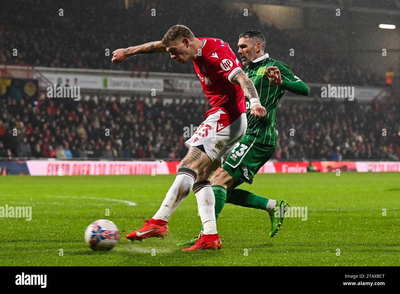 James McClean 23 of Wrexham shoots on goal during the Emirates FA Cup