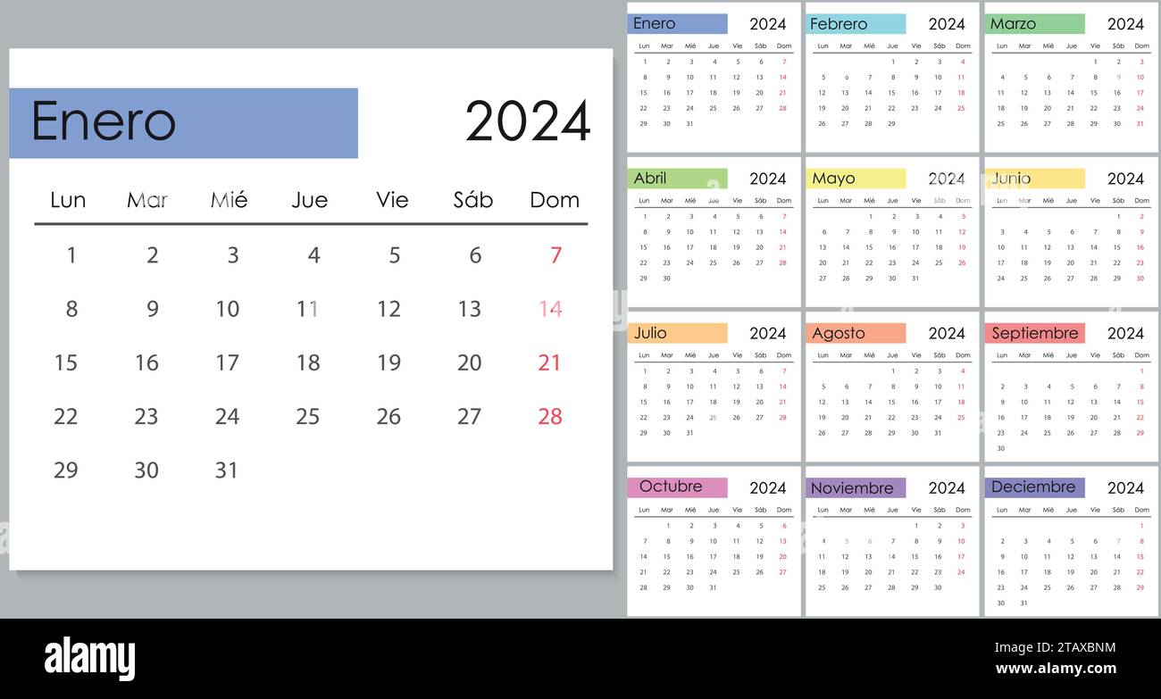 Calendar 2024 on Spain language, week start on Monday. Vector template