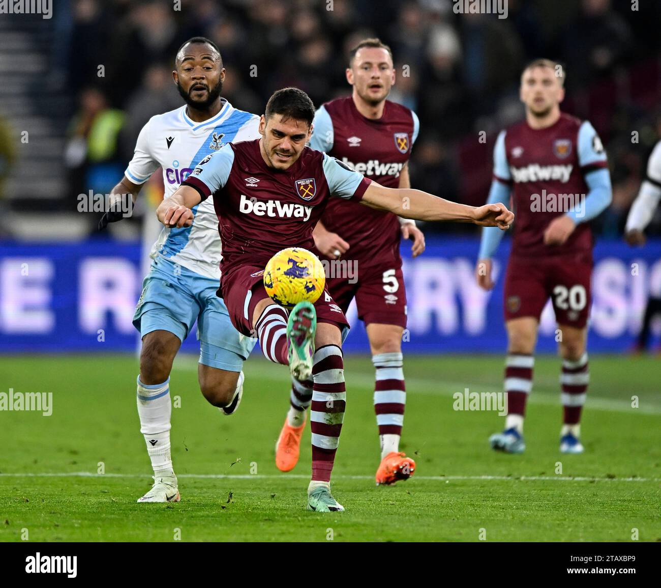 London, UK. 3rd Dec, 2023. Konstantinos Mavropanos (West Ham) kicks London, UK. 3rd Dec, 2023. Konstantinos Mavropanos (West Ham) kicks