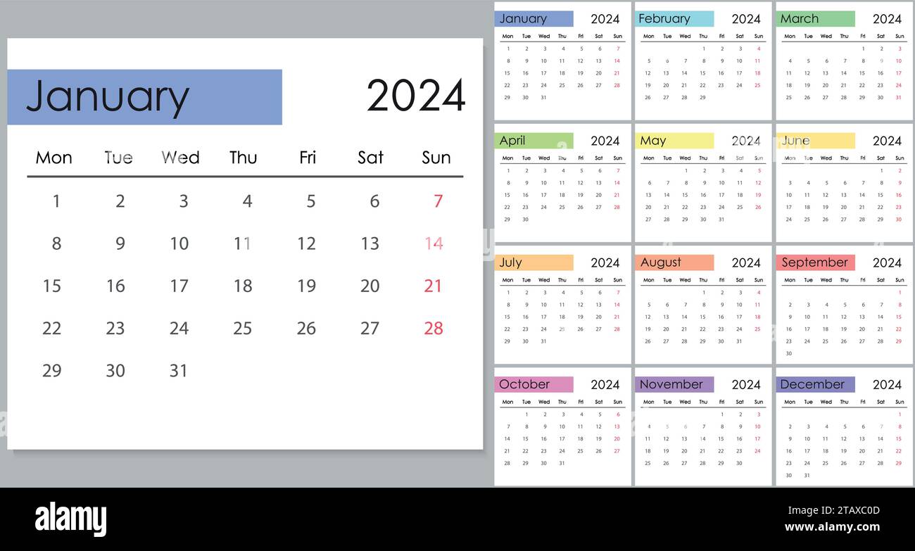Calendar 2024 on english language, week start on Monday. Vector
