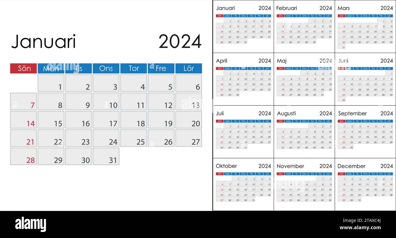 Calendar 2024 on swedish language, week start on Sunday. Vector
