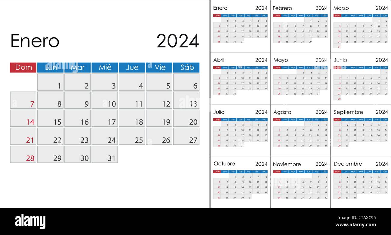 Calendar 2024 on Spanish language, week start on Sunday. Vector