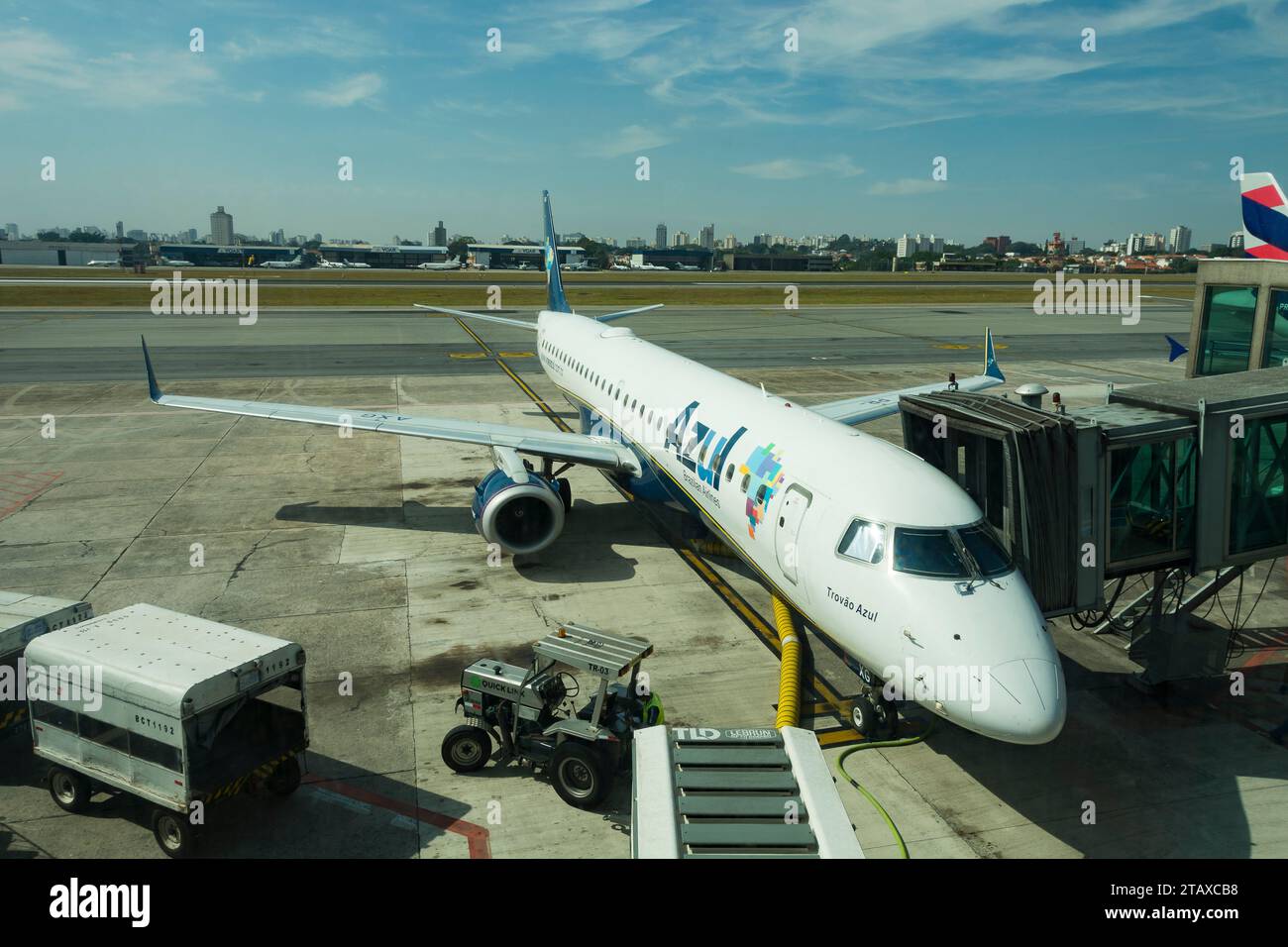 São Paulo, Brazil. Azul Brazilian Airlines plane stopped at Congonhas airport terminal. Stock Photo