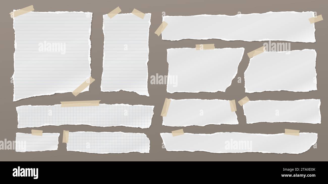 Set of torn, ripped paper strips, lined notebook sheet with adhesive type and soft shadow are on brown background for text, notes, ad. Stock Vector