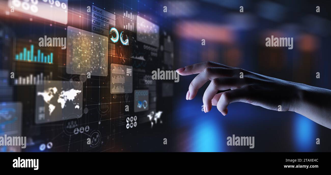 Business intelligence analyst dashboard on virtual screen. Big data ...