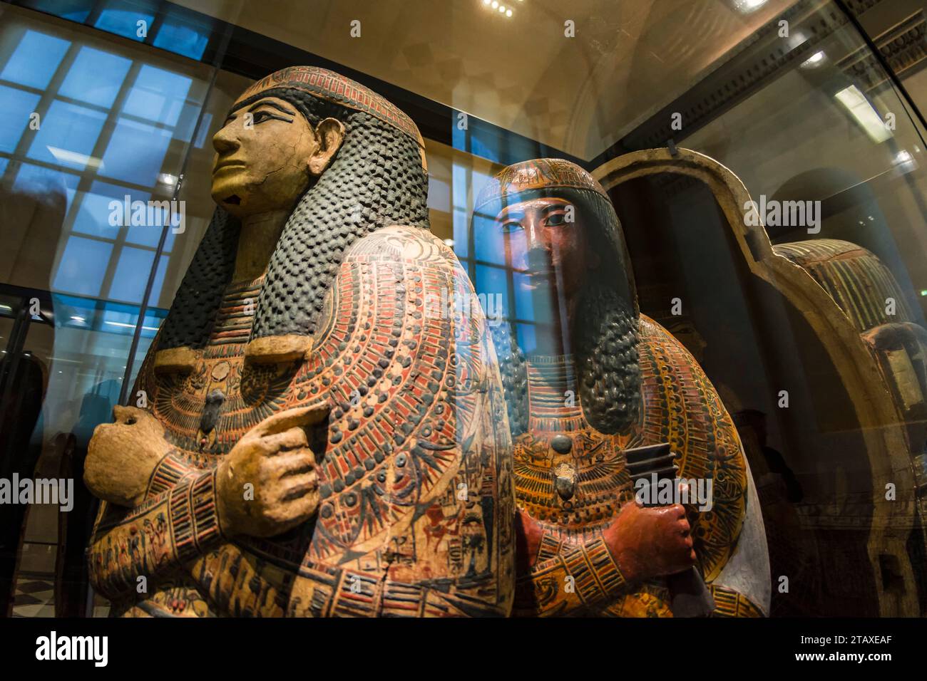 Louvre Museum, Paris, France. Exhibition of mortuary coffins and mummies. Gallery of ancient Egypt. Stock Photo