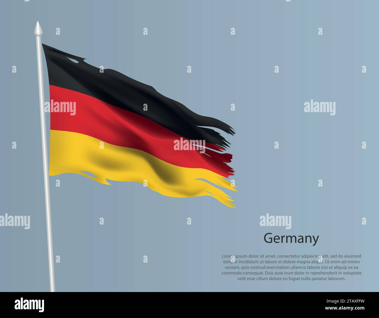 Ragged national flag of Germany. Wavy torn fabric on blue background. Realistic vector illustration Stock Vector