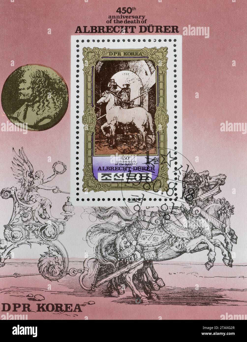 Souvenir Sheet with cancelled postage stamp printed by North Korea ...