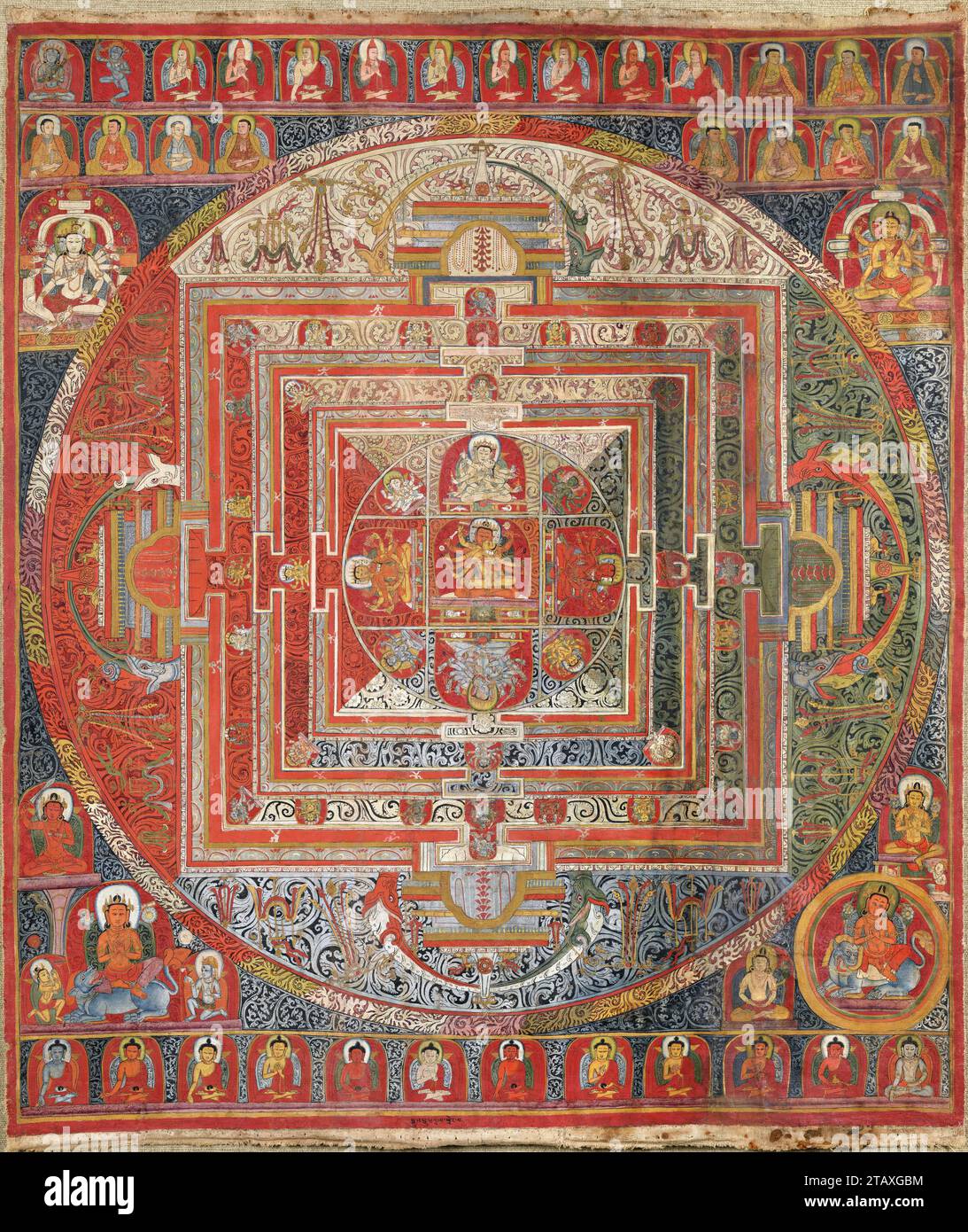 Mandala.  Manjuvajramandala with 43 deities, from Tibet, tempera on cotton, c. 1400-1500 Stock Photo
