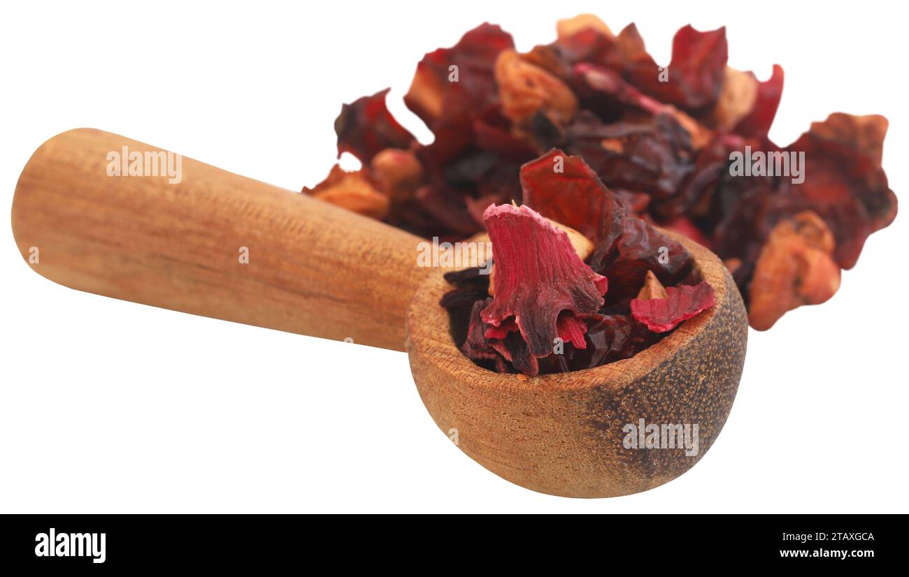 Herbal tea of roselle, rose hips and apple for preparation Stock Photo