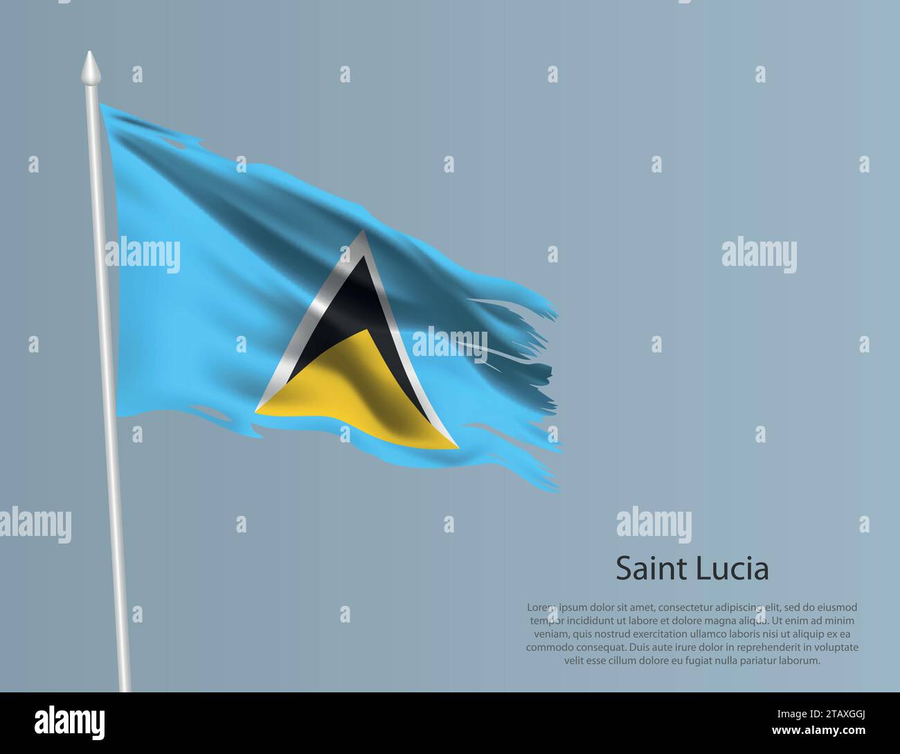 Ragged national flag of Saint Lucia. Wavy torn fabric on blue background. Realistic vector illustration Stock Vector