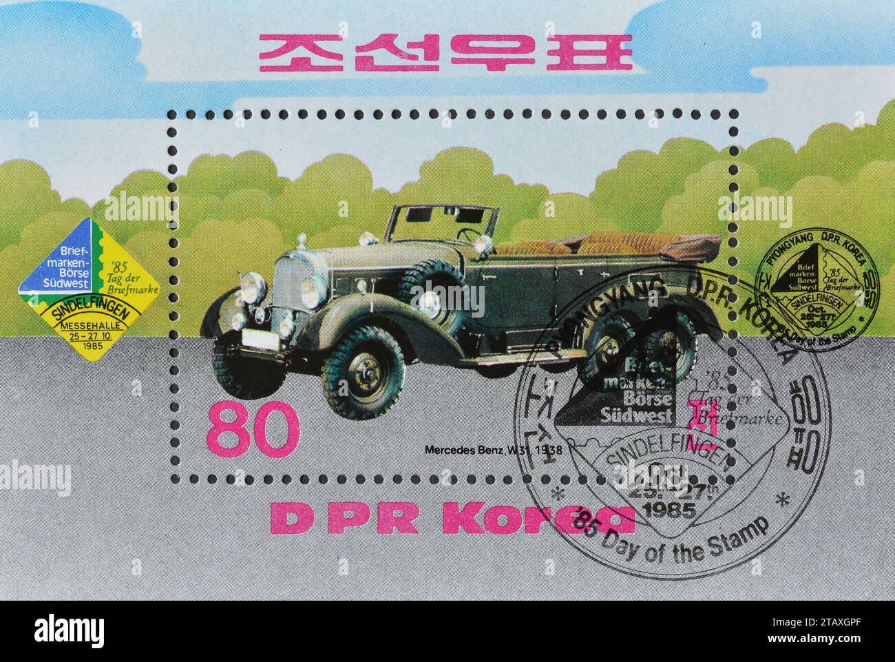 Souvenir Sheet with cancelled postage stamp printed by North Korea, that shows Mercedes W 31 (1938), Stamp Fair - Southwest '85 - Sindelfingen, German Stock Photo