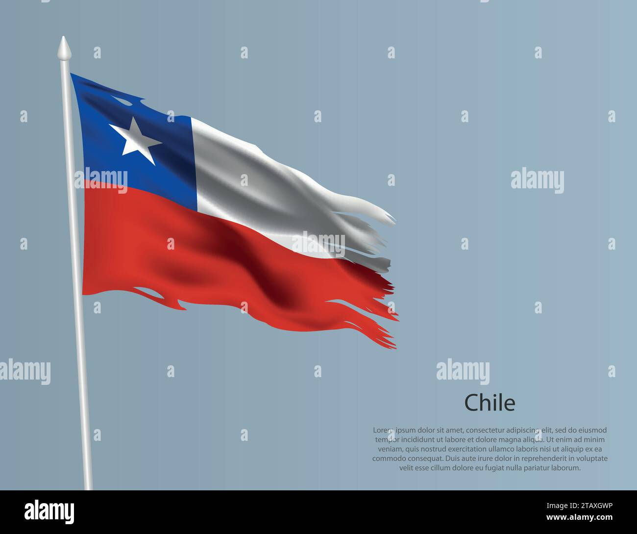 Ragged national flag of Chile. Wavy torn fabric on blue background ...