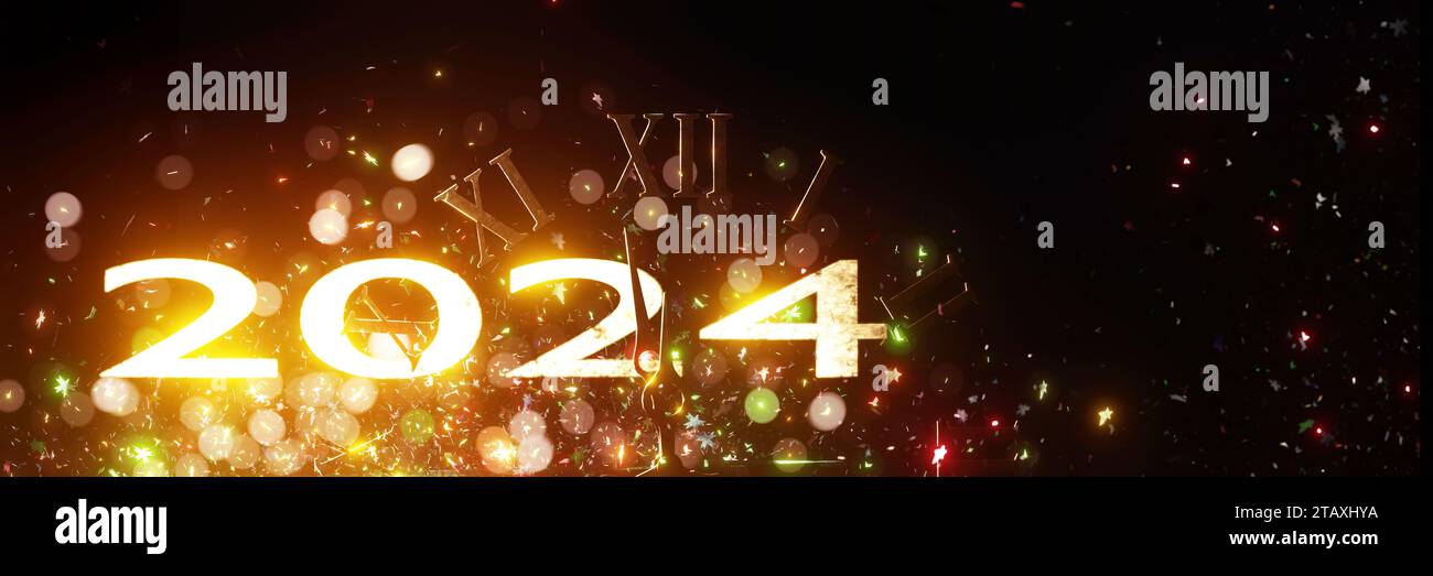 2024 New Year background with glowing text and clock showing midnight ...