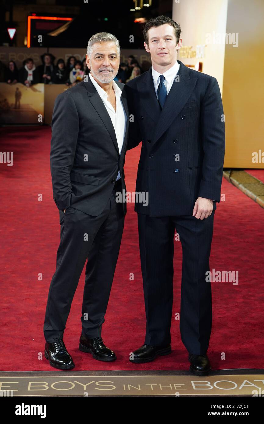 George Clooney and Callum Turner arrive for a UK special screening of The Boys in the Boat at Curzon Mayfair, central London. Picture date: Sunday December 3, 2023. Stock Photo