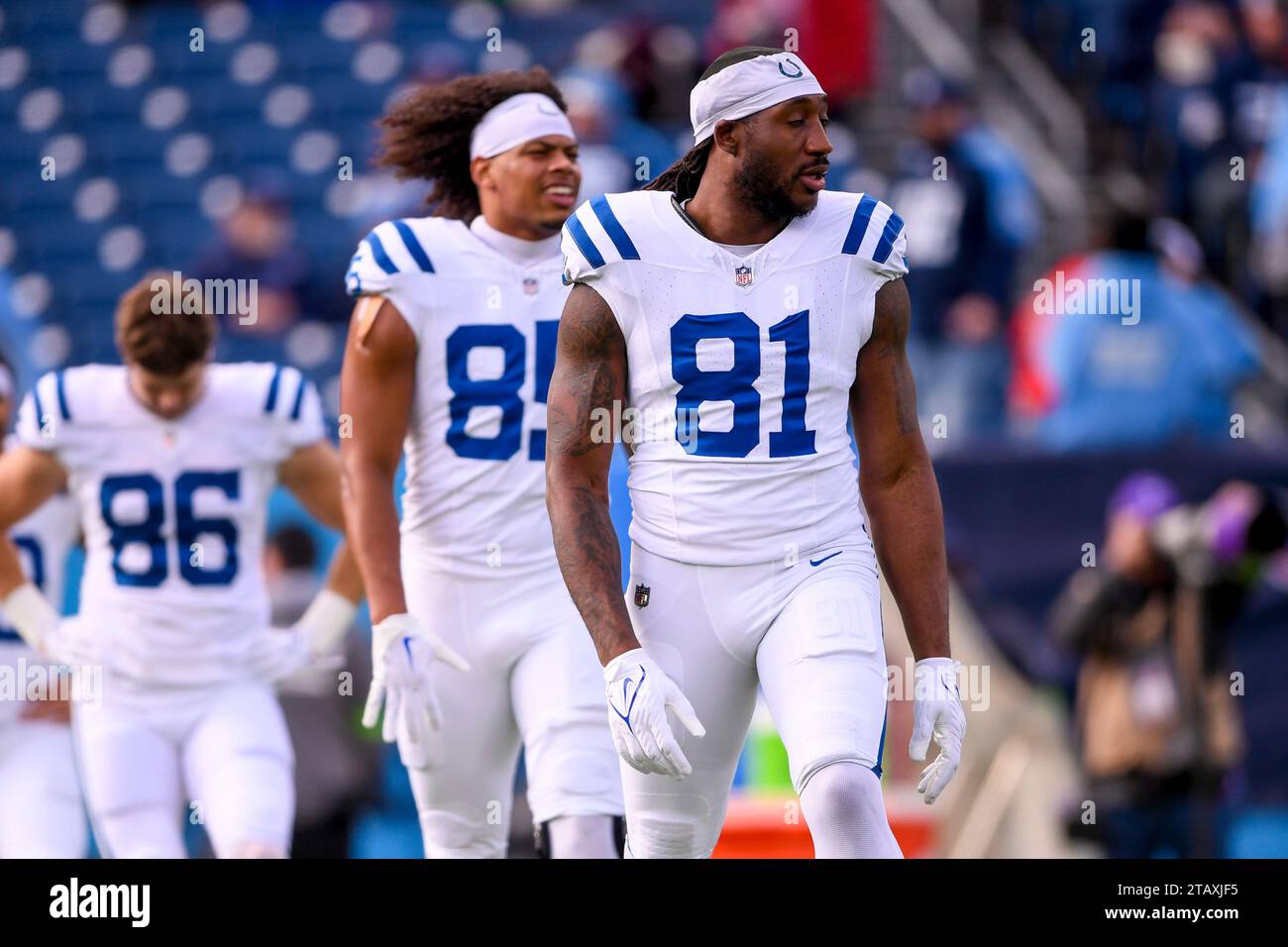 December 3, 2023: Indianapolis Colts tight end Mo Alie-Cox (81) stretches during the first half of an NFL game between the Indianapolis Colts and Tennessee Titans at Nissan Stadium in Nashville TN Steve Roberts/CSM Stock Photo