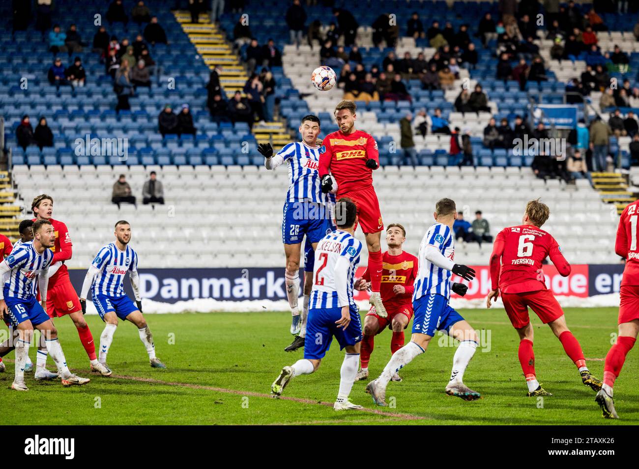 Odense, Denmark. 03rd Dec, 2023. Tobias Slotsager (28) of OB and Marcus ...