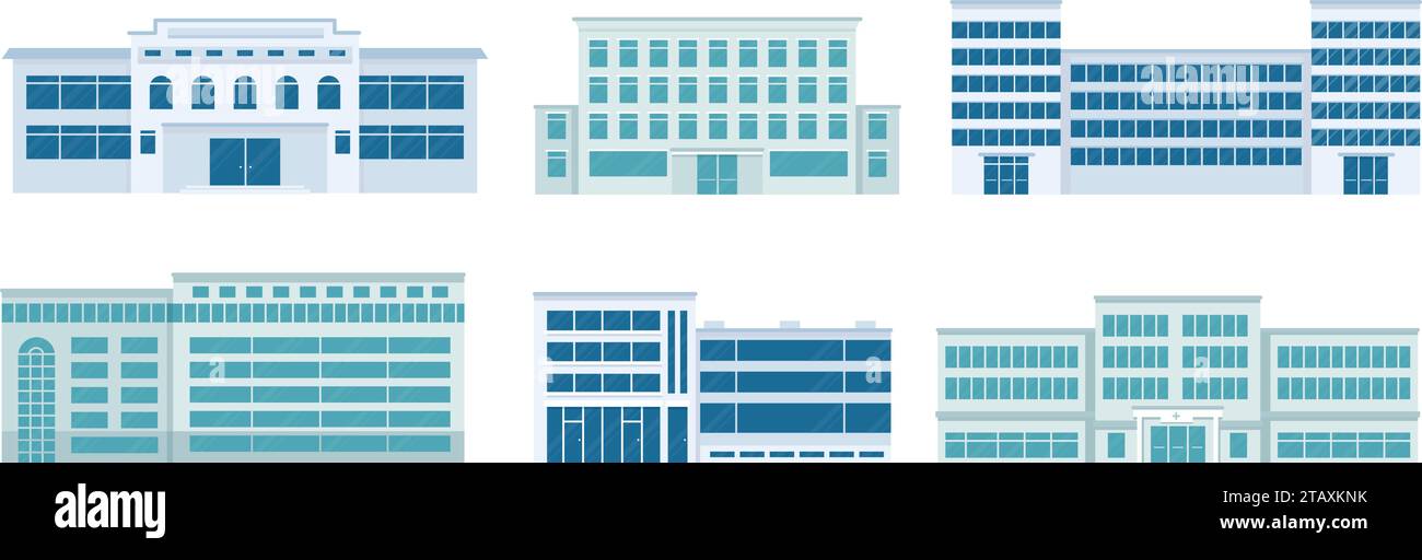 City hospital buildings icons. Clinic center and medical office modern architecture building. Isolated urban healthcare, exterior decent vector set Stock Vector