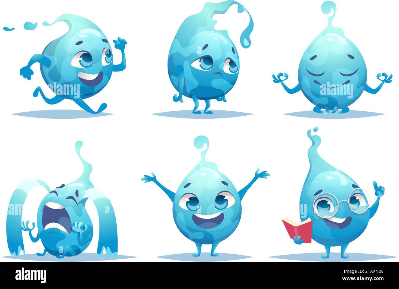 Water drops characters. Funny emoticons from liquid drops in action poses exact vector templates Stock Vector