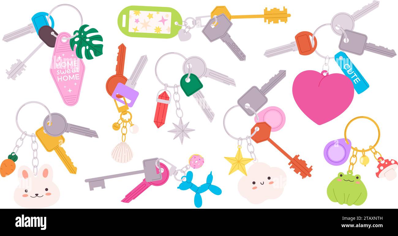 Keys with funny keychains. Flat key hand on keyring. Property and cars