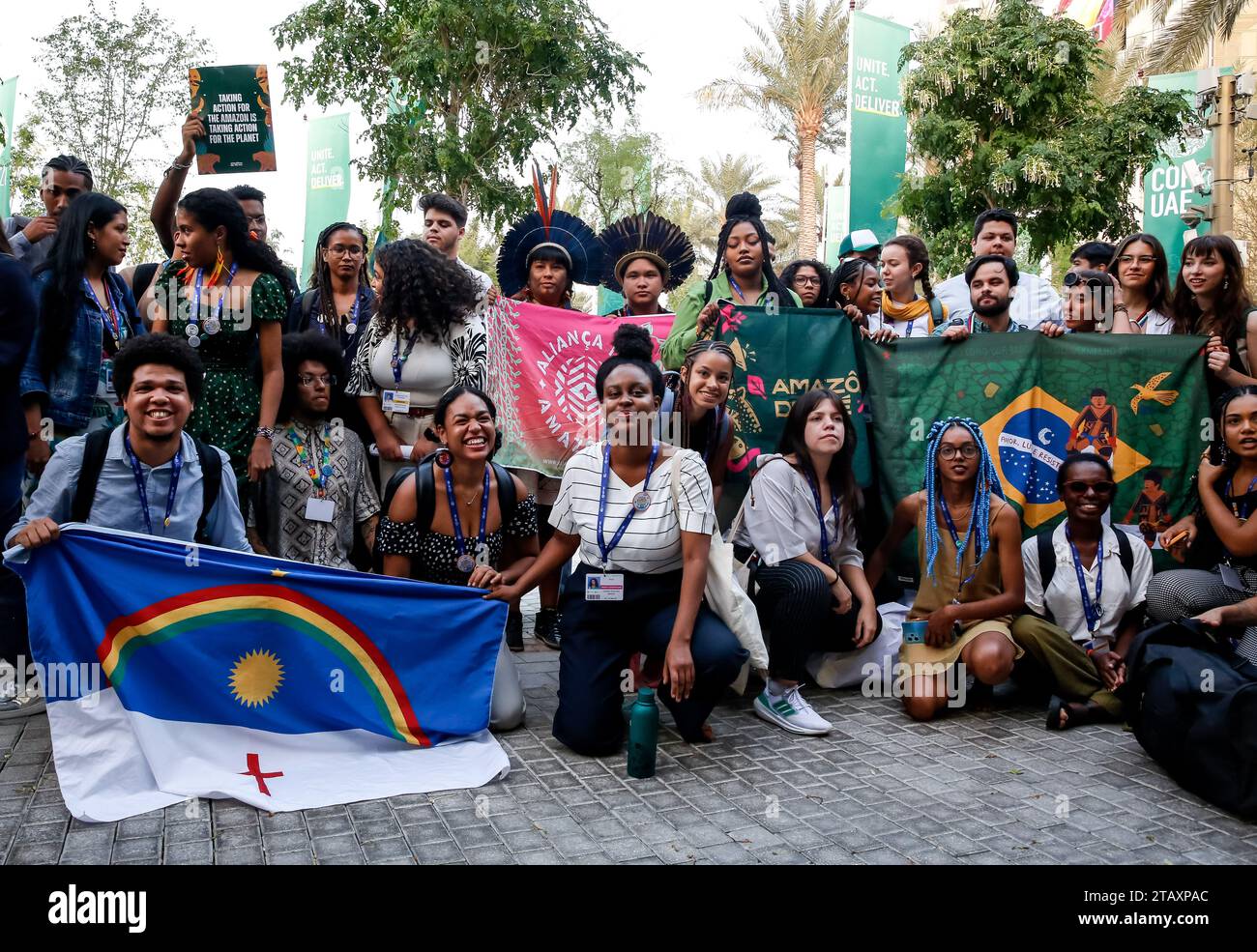 Indigenous people as well as Amazonia supporters stage a protes calling to phace fassil fuels in Amazonia on the allies during the COP28, UN Climate Change Conference, held by UNFCCC in Dubai Exhibition Center, United Arab Emirates on December 3, 2023. Climate Conference COP28, runs from November 29 to December 12, The leaders will outline their path towards national climate goals. Stock Photo