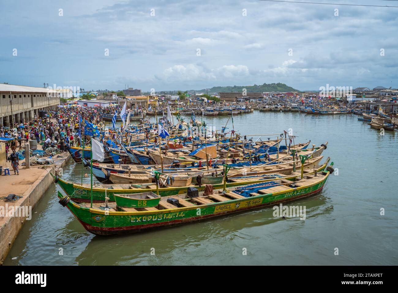 Colourful fishermen boats in port of Elmina, Ghana Stock Photo