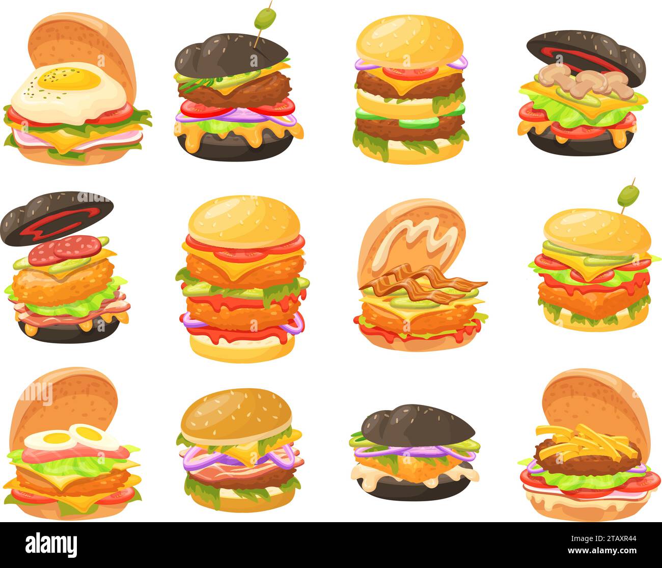Different burgers. Small and big burger with veggie vegetable salads or beef cutlets, cheeseburger hamburger black bun sandwich bread american fast food, neat vector illustration of food hamburger Stock Vector