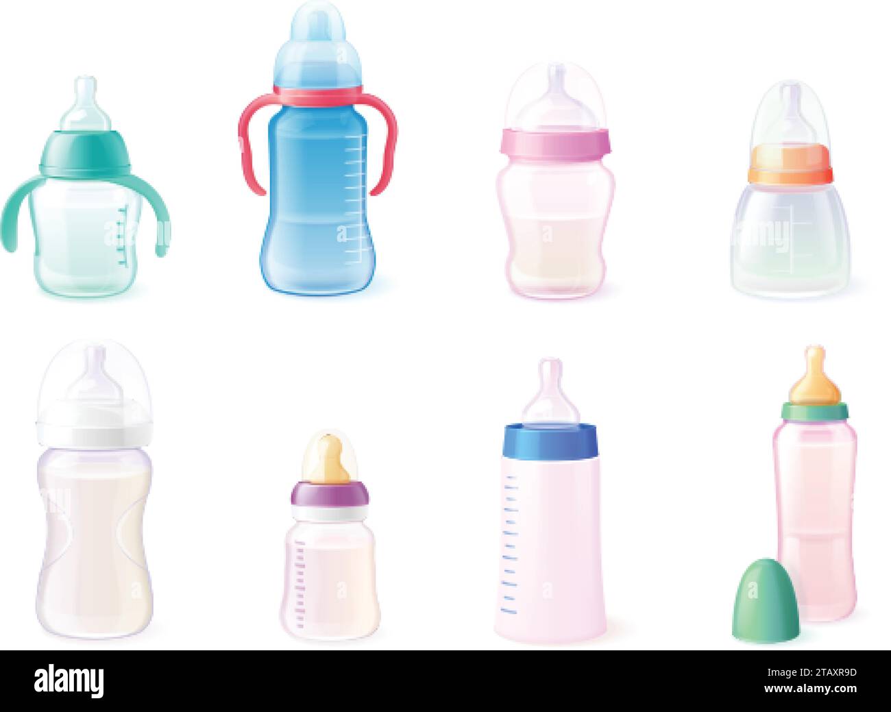 Realistic feeding bottles. Baby feed bottle with pacifier, newborns