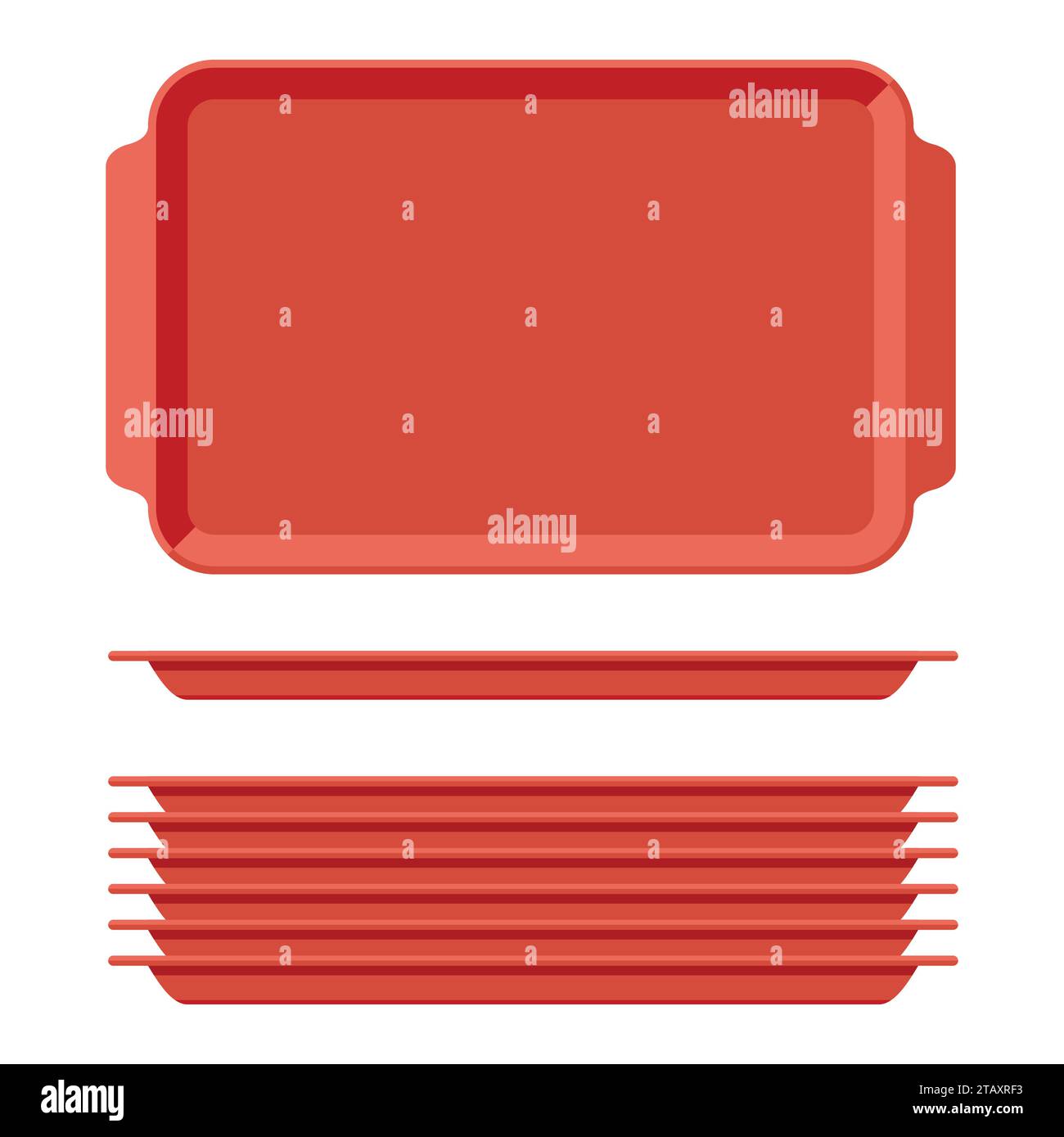 Red plastic blank food tray set with handles. Rectangular kitchen salvers isolated on white background. Plastic tray for canteen illustration Stock Vector