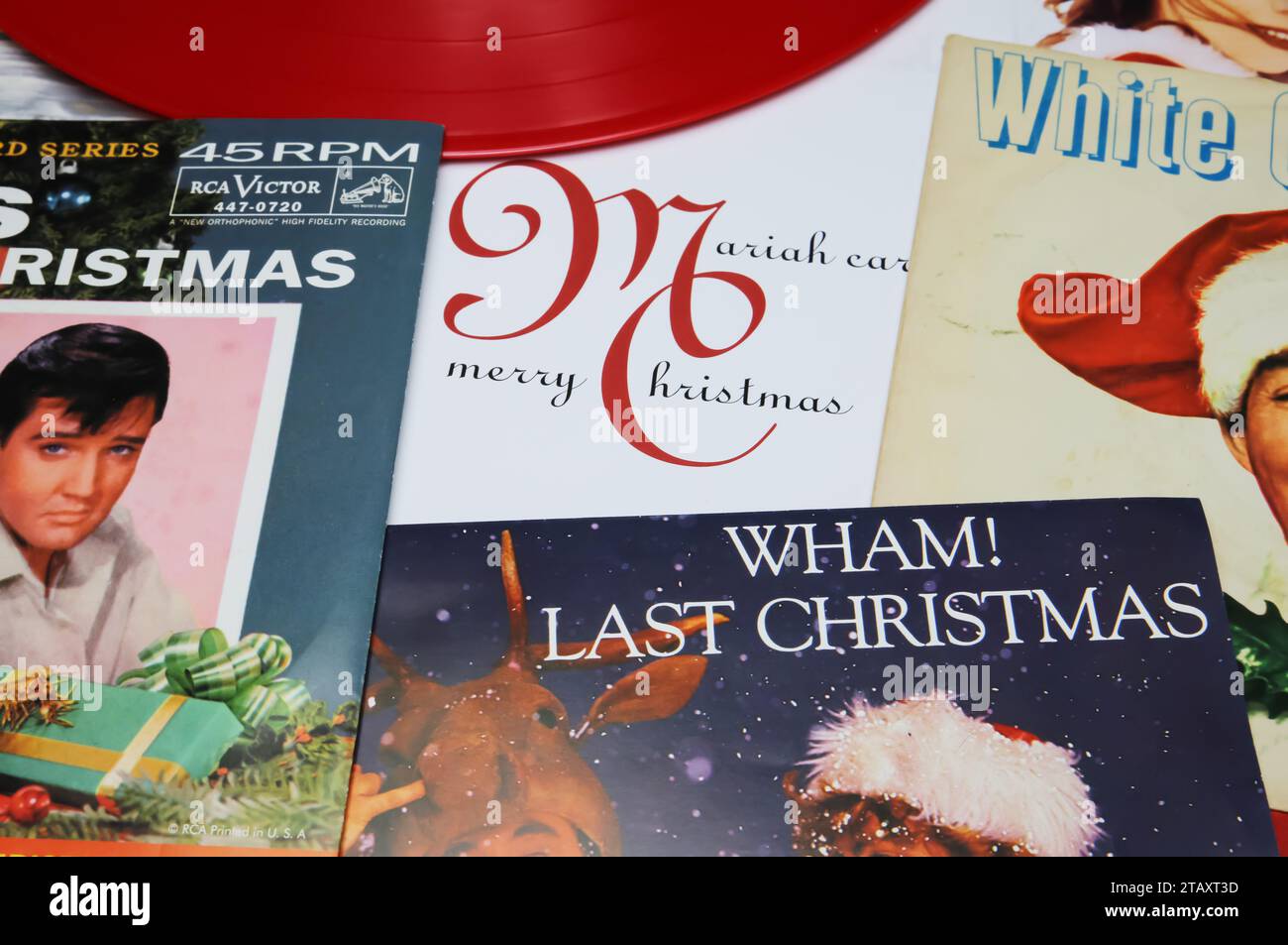 Viersen, Germany - October 9. 2023: Closeup of collection vinyl record covers with famous christmas hits Stock Photo