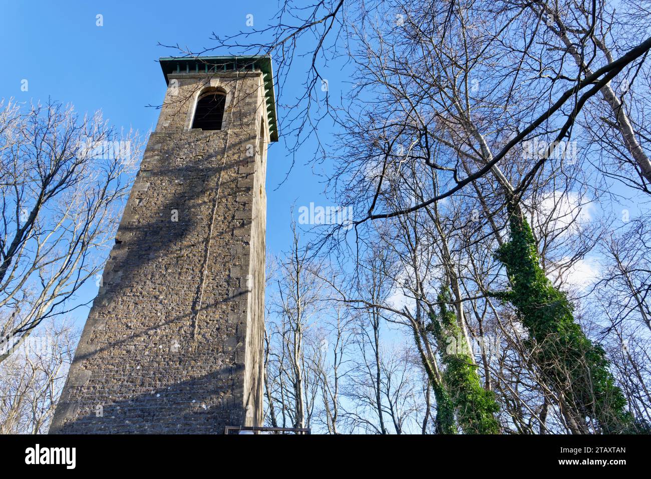 Browne’s Folly, a tower built in 1842 on a wooded hilltop near Bathford, Bath and northeast Somerset, UK, January 2023. Stock Photo
