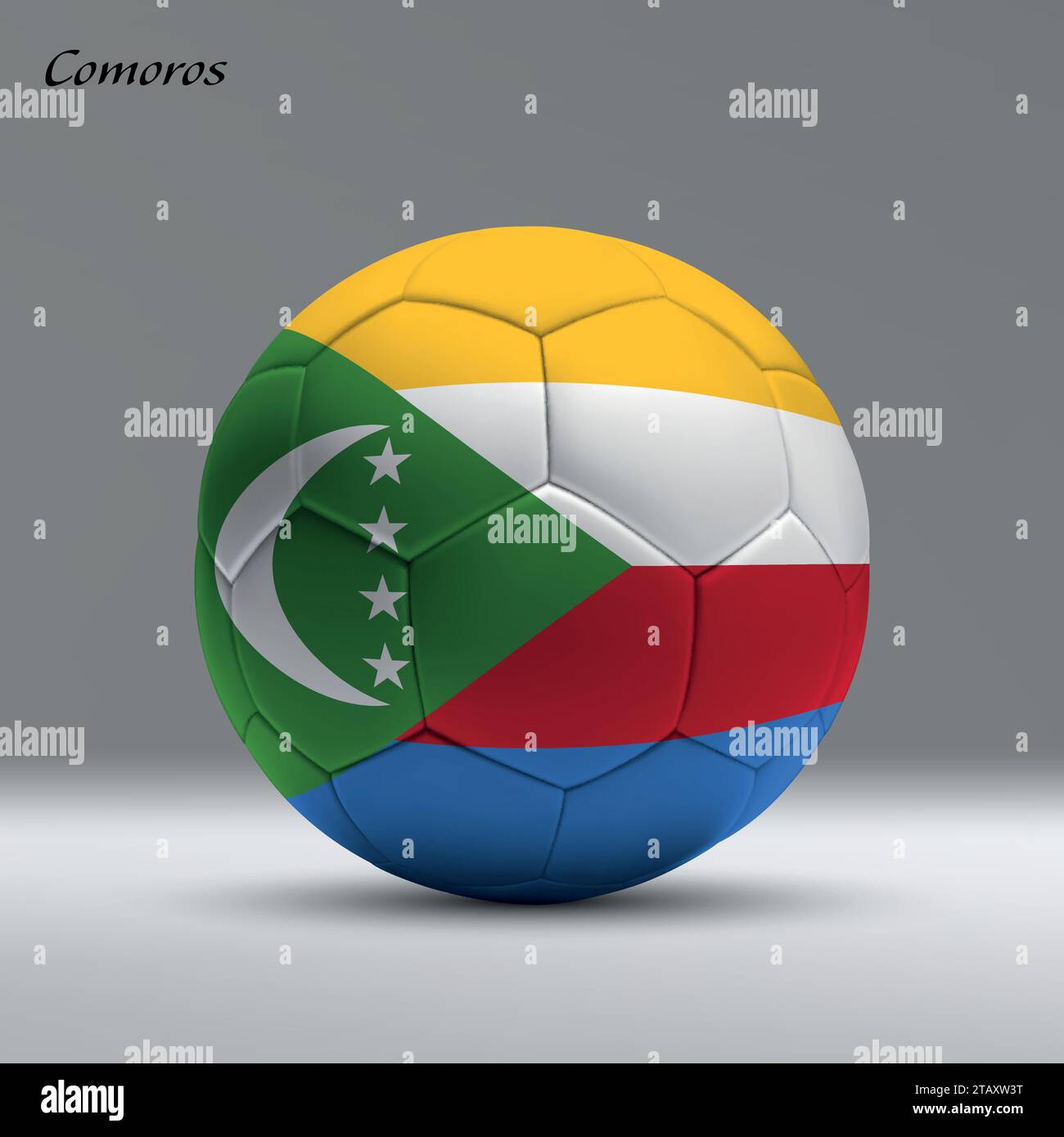 3d realistic soccer ball iwith flag of Comoros on studio background, Football banner template Stock Vector