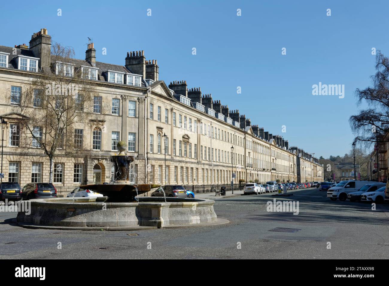 Laura Place Fountain and Great Pulteney Street, Bath, Bath and Northeast Somerset, England, UK, April 2023. Stock Photo