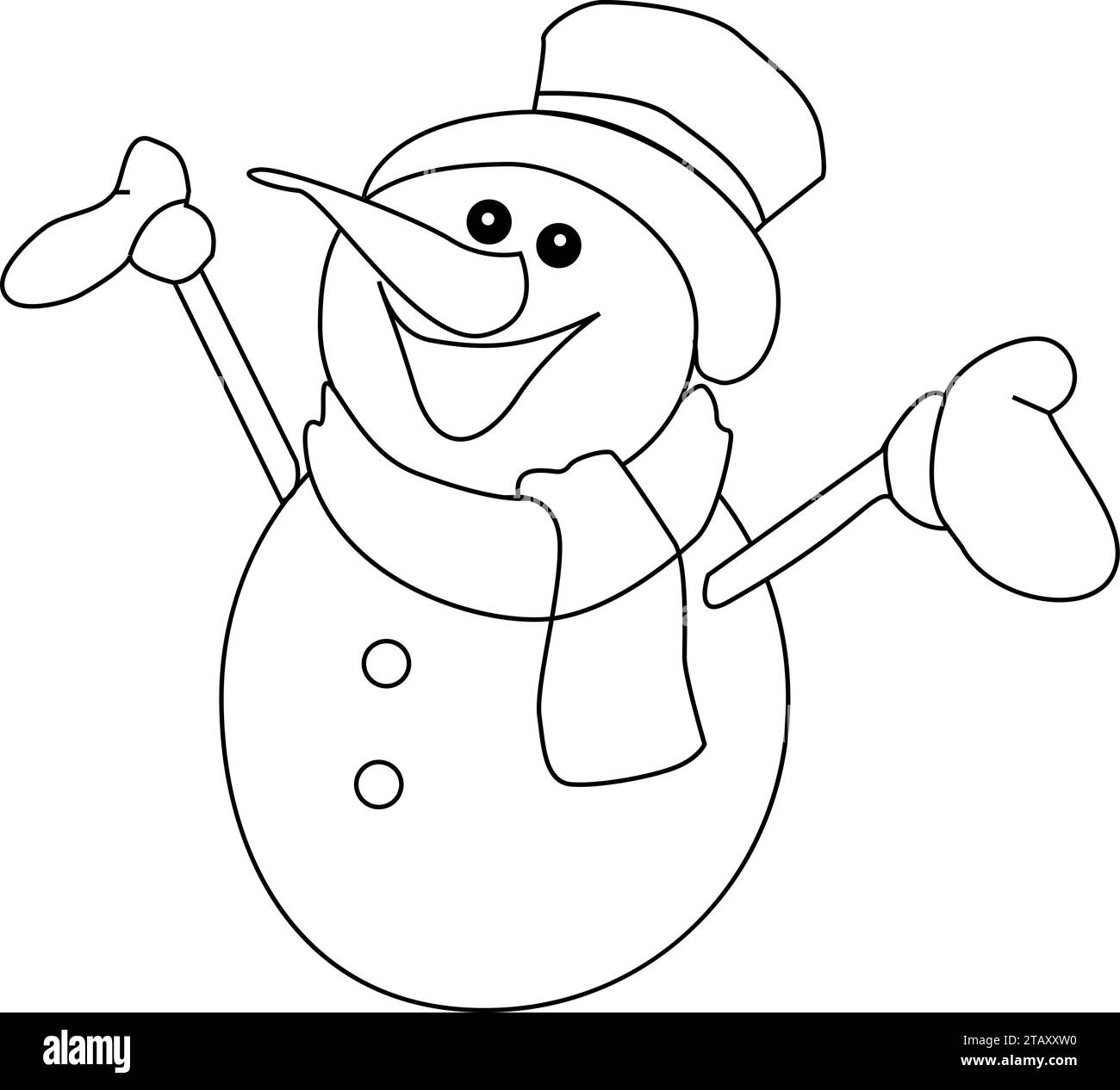 Cute Snowman Character Icon, Black And White Coloring Page Outline Of A Snowman With A Broom, Snowman wearing hat and scarf Stock Vector