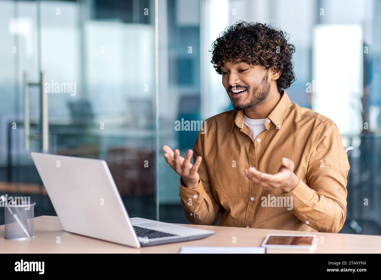 Online video call, remote meeting with colleagues, businessman talking ...