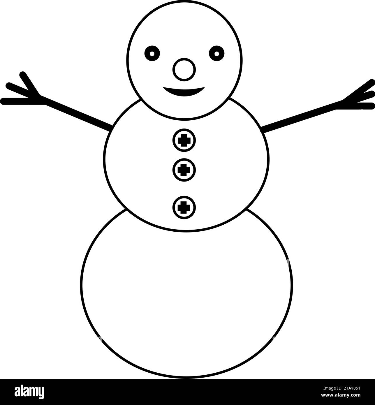 Cute Snowman Character Icon, Black And White Coloring Page Outline Of A Snowman With A Broom, Snowman wearing hat and scarf Stock Vector