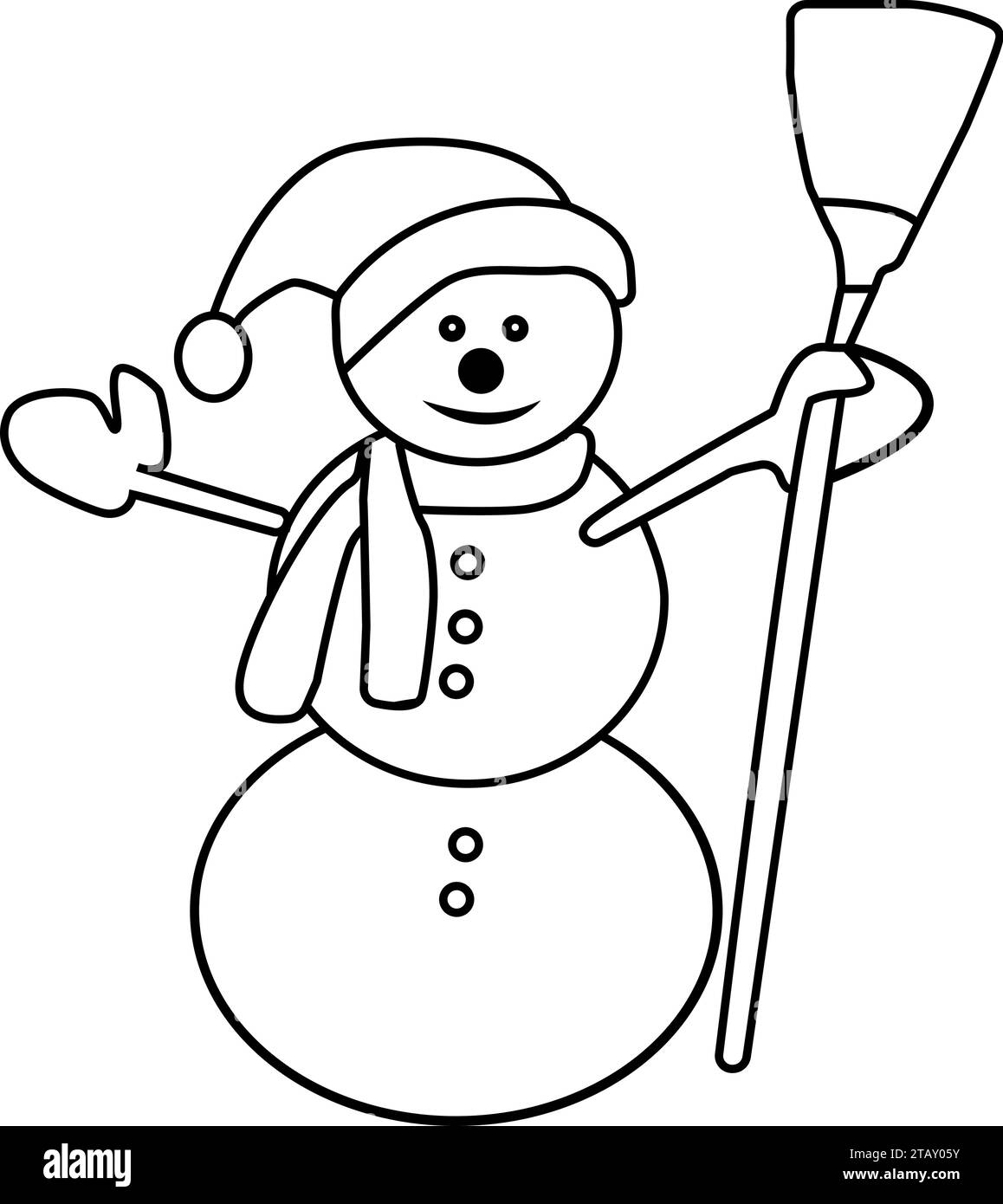 Cute Snowman Character Icon, Black And White Coloring Page Outline Of A Snowman With A Broom, Snowman wearing hat and scarf Stock Vector