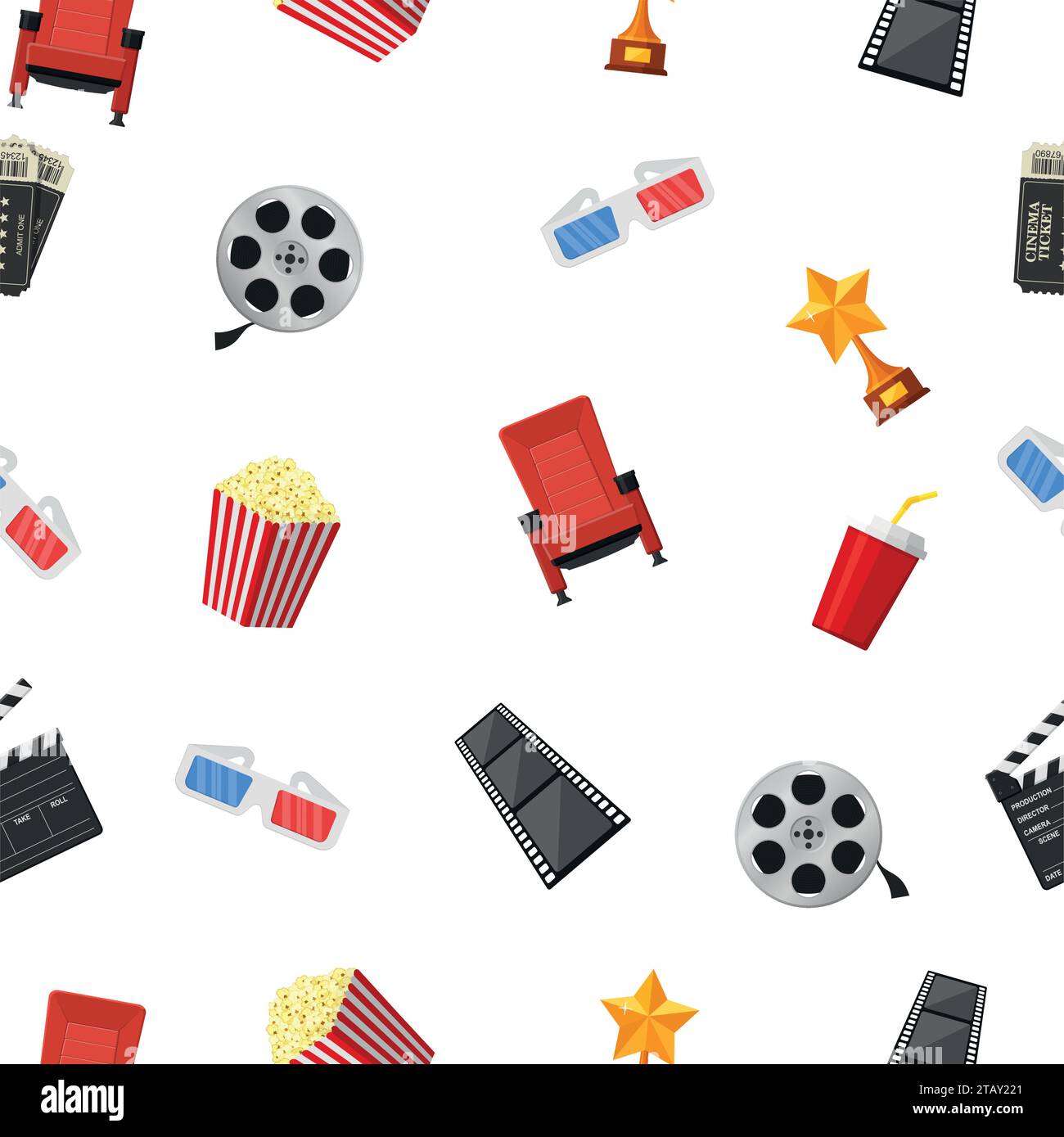 Cinema icons seamless pattern on white background. Vector Illustration Stock Vector