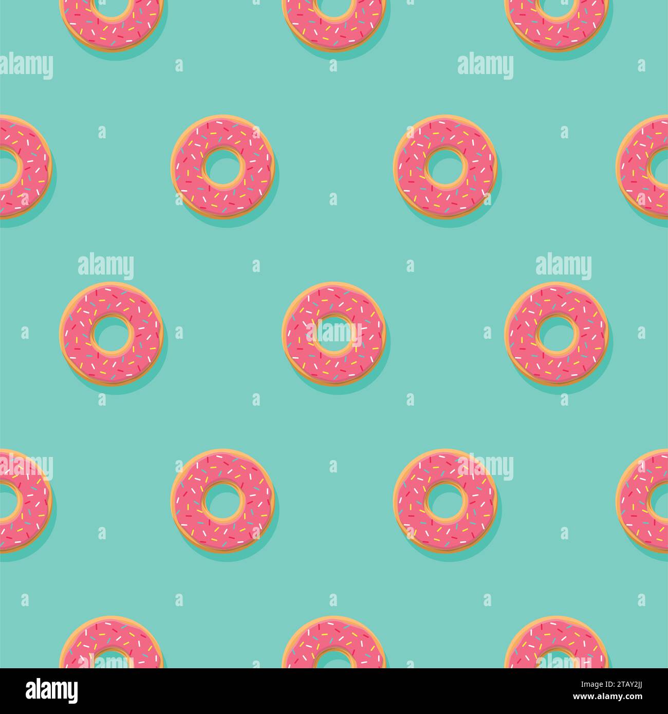 Vector seamless pattern with pink donuts with glaze and sprinkles on blue background. Candy decoration color donuts collection. Glazed pastry deliciou Stock Vector