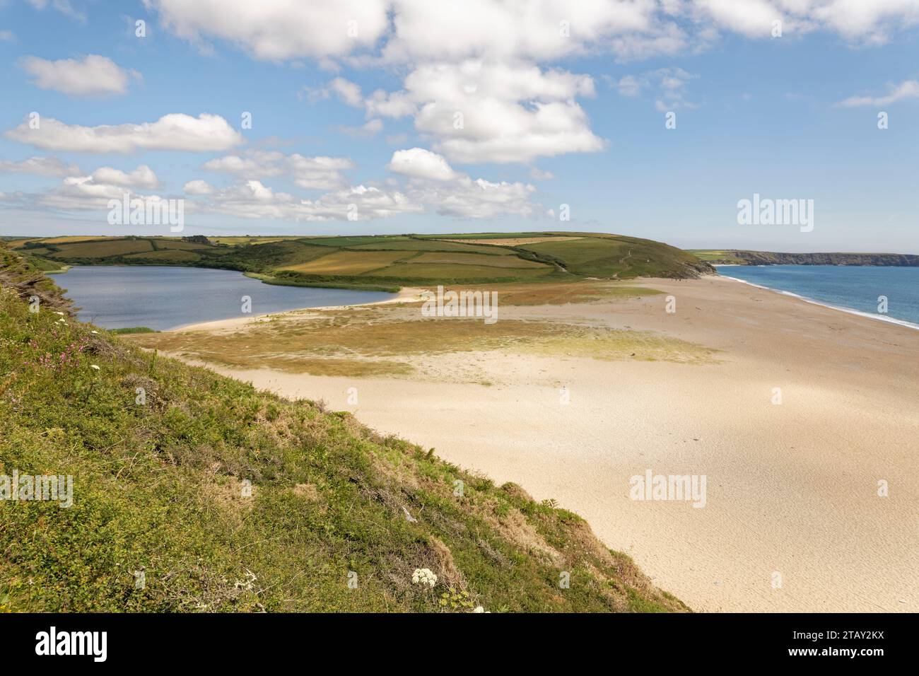 Overview of Loe Pool, Cornwall’s largest natural freshwater lake, Loe Bar and the Atlantic coast, Penrose, near Porthleven, The Lizard, Cornwall, UK, Stock Photo