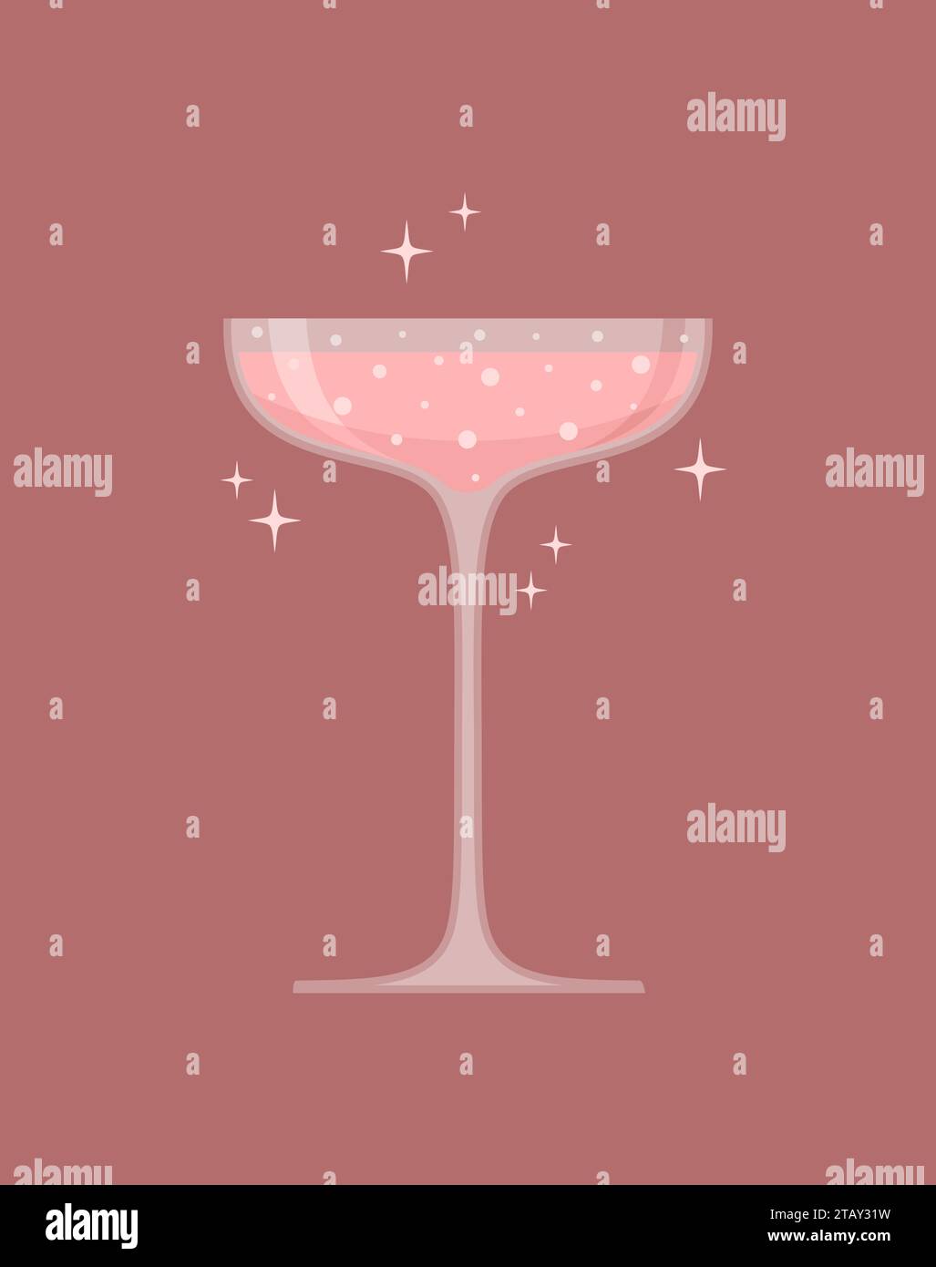 Coupe champagne glass with rose sparkling wine on a pale red background. Vector illustration in flat style Stock Vector