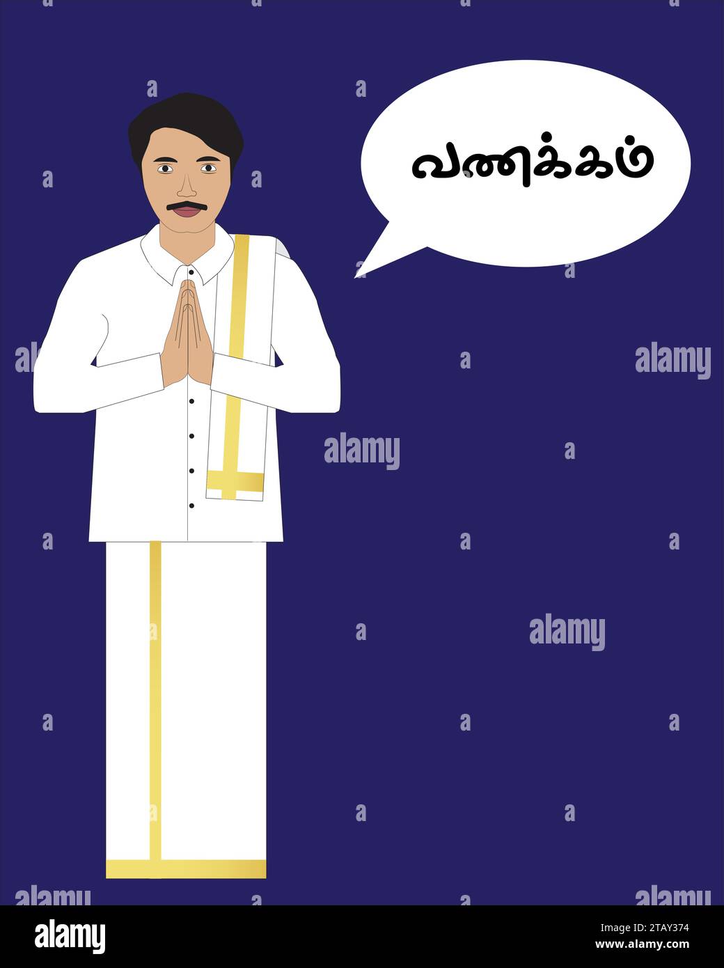 Tamil Man wearing dhoti and shirt with Vanakkam (means