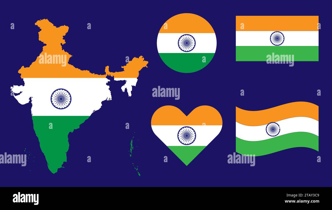 Indian Bharat Flag embedded on Indian map , circle , heart icon , and rectangle vector illustration Stock Vector